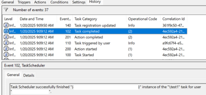 Microsoft Compatibility Telemetry High CPU: Trace the Appraiser 2 Task Scheduler History tab showing start and completion events for a generic test task.