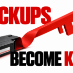 A backup cartridge unfolds into a red key, illustrating credentials exposed through stolen backups.