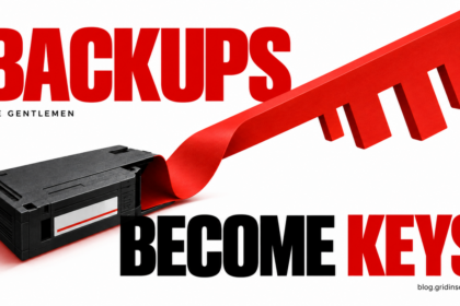 A backup cartridge unfolds into a red key, illustrating credentials exposed through stolen backups.