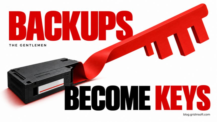 A backup cartridge unfolds into a red key, illustrating credentials exposed through stolen backups.