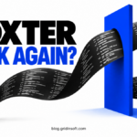 Boxter Back Again? A looping script ribbon passes through a blue barrier.