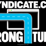 Tsyndicate.com wrong-turn illustration with a cyan road crossing a browser window