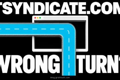 Tsyndicate.com wrong-turn illustration with a cyan road crossing a browser window