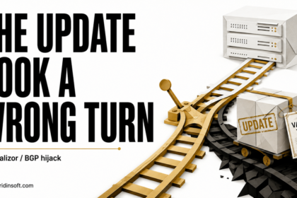 A gold railway switch sends a software-update parcel with a TLS certificate down a wrong track.