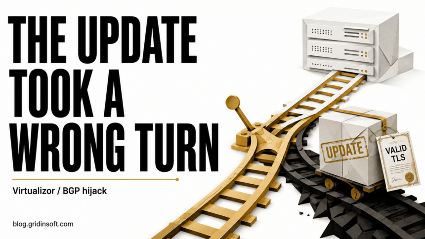 A gold railway switch sends a software-update parcel with a TLS certificate down a wrong track.