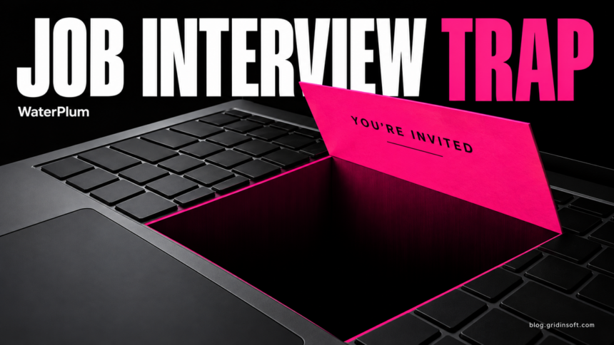 A job invitation opens a trapdoor in a laptop keyboard.