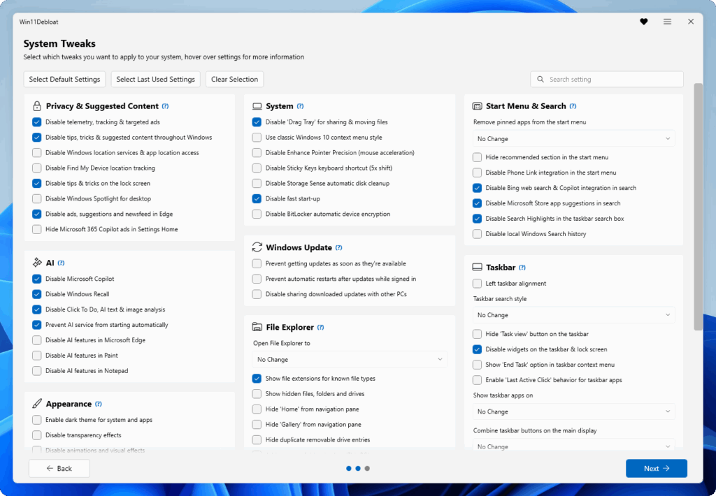 Win11Debloat System Tweaks screen with privacy system update and Start menu selections
