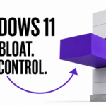 A removable computer module and return arrow illustrating reversible Windows 11 customization