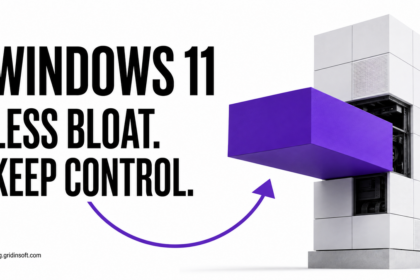 A removable computer module and return arrow illustrating reversible Windows 11 customization