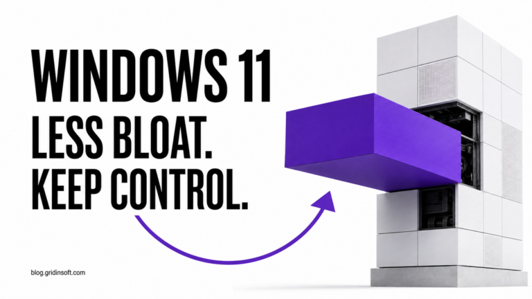 A removable computer module and return arrow illustrating reversible Windows 11 customization