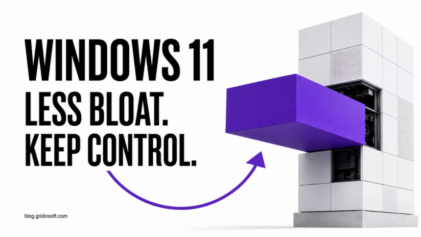 A removable computer module and return arrow illustrating reversible Windows 11 customization