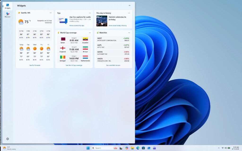 Windows 11 Widgets dashboard with weather, tips, history, and stock cards.