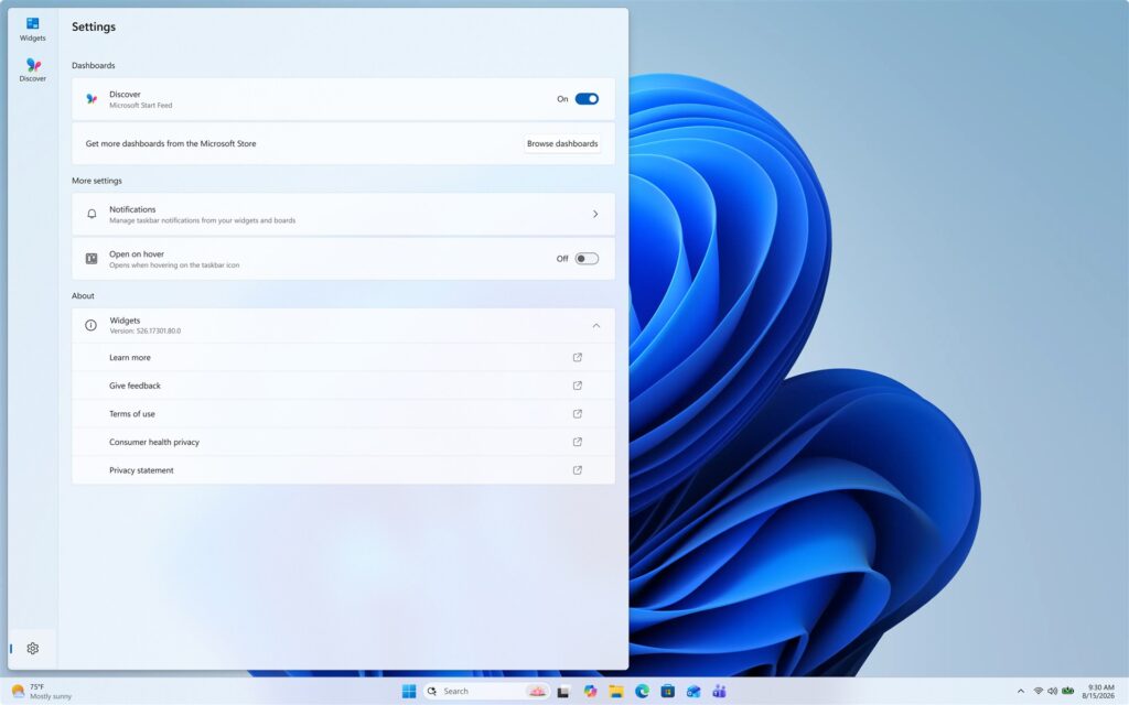 Windows 11 Widgets settings showing dashboard, notifications, and open-on-hover controls.