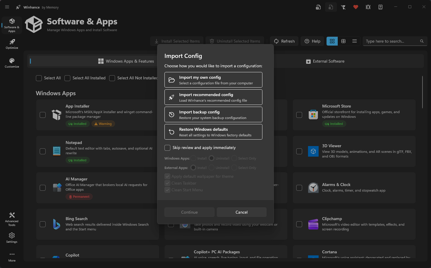 Winhance configuration import window with backup and Windows defaults options