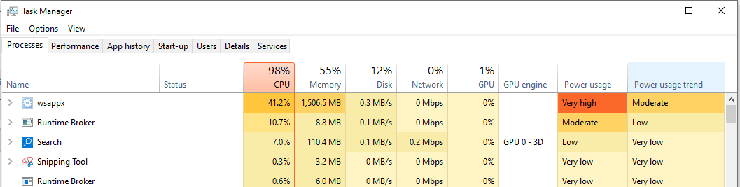 WSAPPX High CPU or Disk: Find the Stuck Store App 2 Windows 10 Task Manager: WSAPPX uses 41.2 percent CPU and 1506.5 MB memory while total CPU is 98 percent.