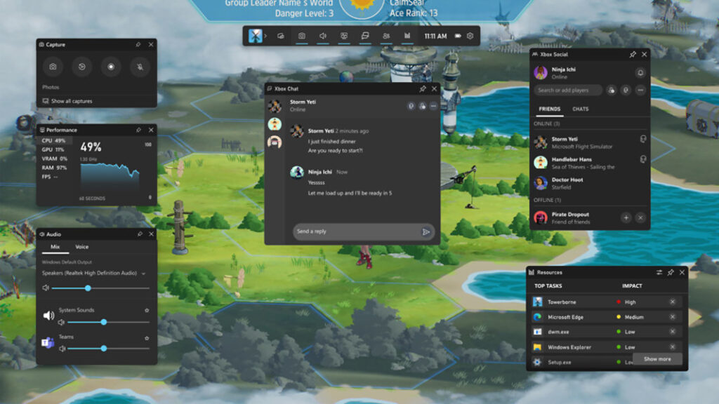 Xbox Game Bar overlay showing Capture, Performance, Audio, Xbox Social, and Resources widgets.