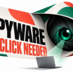 An advertisement folds into a surveillance lens aimed at a laptop.