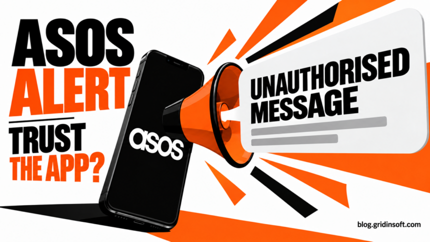 An ASOS phone becomes an orange megaphone sending an unauthorised message; text ASOS ALERT and TRUST THE APP?