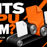 An oversized orange file jams a conveyor carrying background transfers.