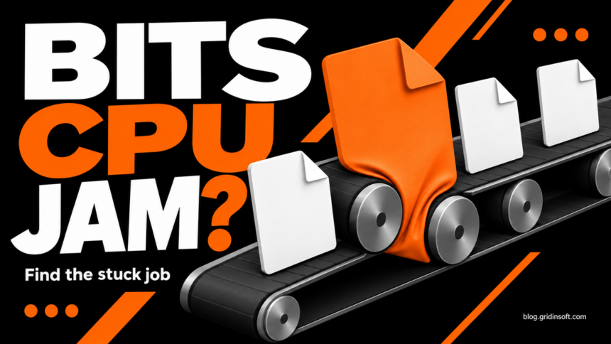 An oversized orange file jams a conveyor carrying background transfers.