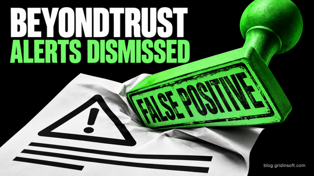 A giant green false-positive stamp presses down on an alert document.