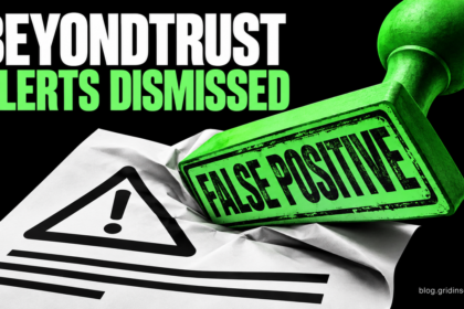 A giant green false-positive stamp presses down on an alert document.