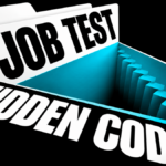 A white job-test folder opens into a cyan trapdoor, with the words JOB TEST and HIDDEN CODE.