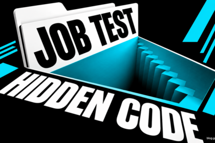 A white job-test folder opens into a cyan trapdoor, with the words JOB TEST and HIDDEN CODE.