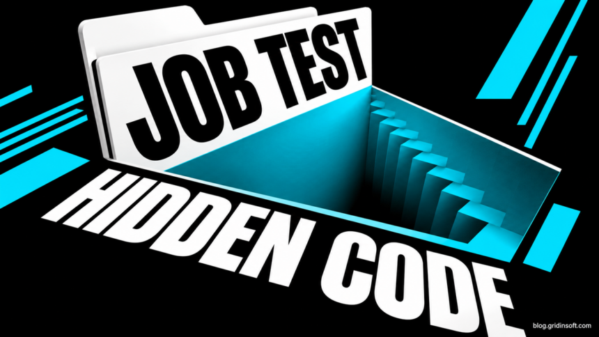 Blinder Tunnel: Fake Dubai Airports Job Test Runs Malware on Project Open 1 A white job-test folder opens into a cyan trapdoor, with the words JOB TEST and HIDDEN CODE.