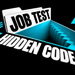 A white job-test folder opens into a cyan trapdoor, with the words JOB TEST and HIDDEN CODE.