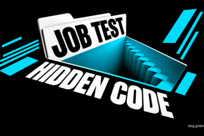 A white job-test folder opens into a cyan trapdoor, with the words JOB TEST and HIDDEN CODE.