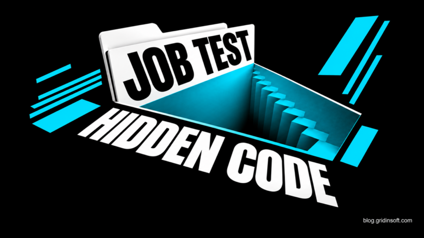 A white job-test folder opens into a cyan trapdoor, with the words JOB TEST and HIDDEN CODE.