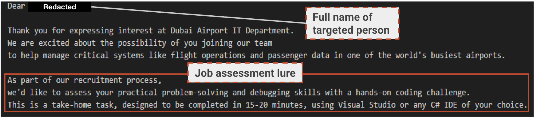 Blinder Tunnel: Fake Dubai Airports Job Test Runs Malware on Project Open 2 Unit 42 screenshot of a recruitment README with the target name redacted and a short coding assessment.