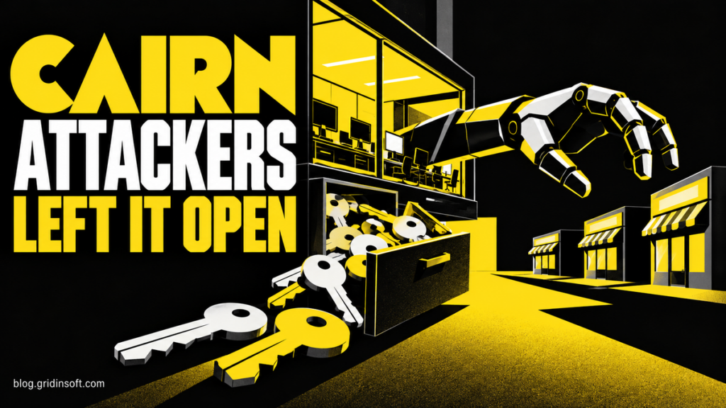 An open control room exposes keys while a robotic hand reaches toward shops.