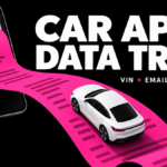 Car on a magenta data trail emerging from a smartphone, representing car app privacy