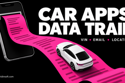 Car on a magenta data trail emerging from a smartphone, representing car app privacy