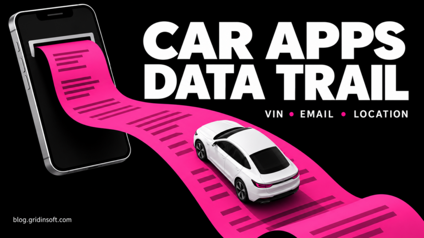 Car on a magenta data trail emerging from a smartphone, representing car app privacy