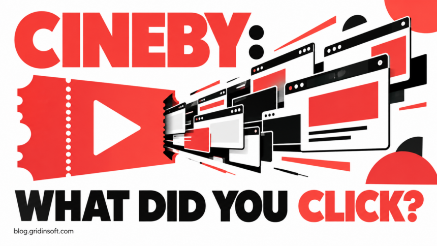 A Cineby cinema ticket with a Play symbol unfolds into a chain of browser windows.