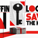 A key protected in an archival sleeve above bundled documents, with Coffin Locker and Save the Keys text