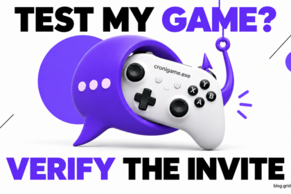 A game controller caught in a violet message bubble, with the words Test my game? Verify the invite.