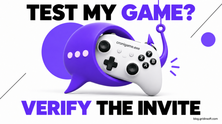 A game controller caught in a violet message bubble, with the words Test my game? Verify the invite.