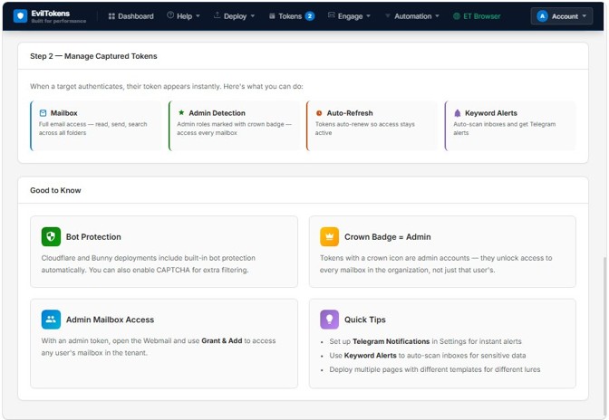 EvilTokens panel with mailbox access, token auto-refresh and keyword-alert options, documented by Microsoft.