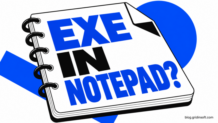 An executable file represented as a notebook page reading EXE in Notepad?