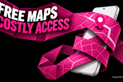 A magenta map wraps around a phone beside Free Maps, Costly Access.