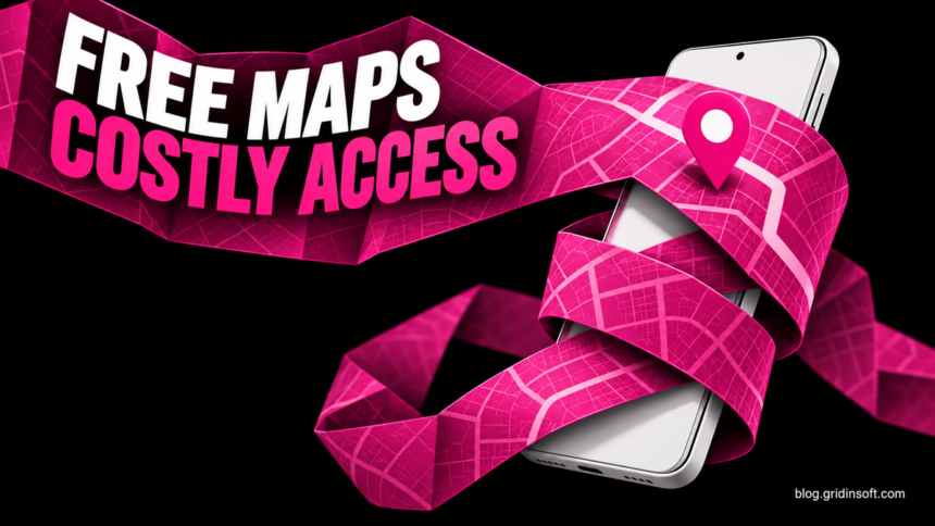 A magenta map wraps around a phone beside Free Maps, Costly Access.