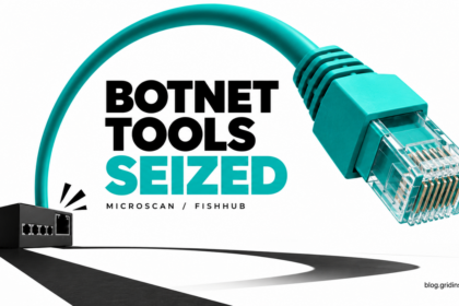 A teal network cable is disconnected beside Botnet Tools Seized, Microscan / FishHub.