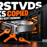 An oversized disk drawer leaves a running server rack with orange keys.
