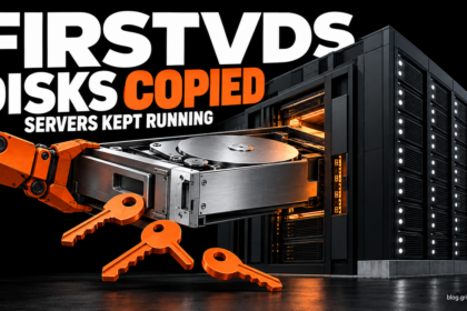 An oversized disk drawer leaves a running server rack with orange keys.