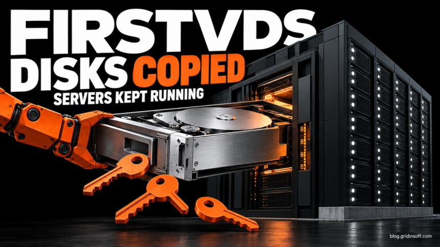 An oversized disk drawer leaves a running server rack with orange keys.