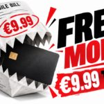 A €9.99 mobile bill folds into a paper trap around a bank card